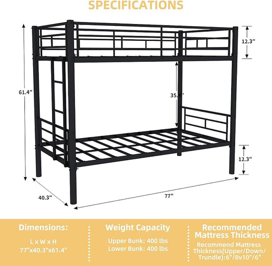 HRVEOCEI 2-Way Convertible Twin Over Twin Bunk Bed with Guardrail & Ladders, Metal Low Bunkbed for Kids Boys Girls, Heavy Duty, No Box Spring Needed, Space-Saving (Black, No Trundle)