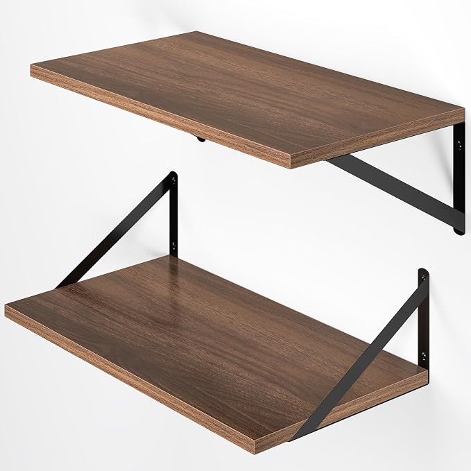 Heimlove 12 Inch Deep Floating Shelves for Wall, 20W x 12D Wood Wall Shelves Set of 2, Walnut Wide Floating Bookshelf for Living Room, Kitchen, Office, Bedroom, with Black Metal Bracke - Walnut