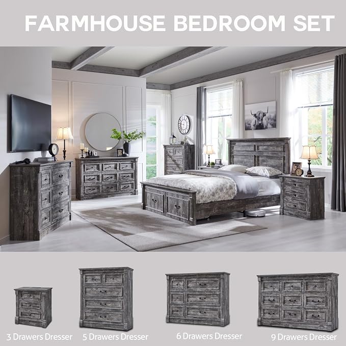 Aitjunz Farmhouse Queen Size Bed Frame with 51" Tall Headboard, Wood Platform Bed Frame with 20" Tall Roman Column Decoration Footboard & 2 Large Storage Drawers, No Box Spring Needed (Light Grey)