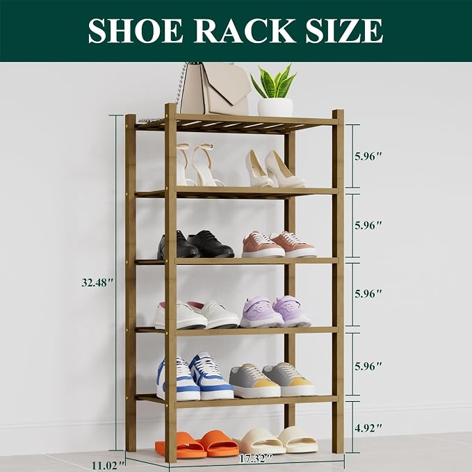 Smiry Small Bamboo Shoe Rack, 5 Tier Free Standing Wooden Shoe Organizer, Stackable Wood Shoe Storage Shelf for Closet, Entryway, 14 Vertical Slats, 2+2+1 Stack Thicker Legs, 17.3"x11"x32.5", Walnut