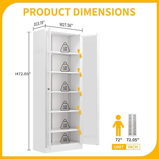 Kitchen Pantry Cabinet, 72" Tall Pantry Storage Cabinet with Adjustable Shelves and Glass Doors, Metal Storage Cabinets with Handle for Living Room, Kitchen, Assemble Required (White)