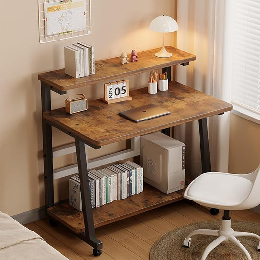 Rolling Computer Desk, 31.5 Inch Small Desks For Small Space, Portable Small Computer Desk with Monitor Stand & 3-Tier Storage, Portable Desk on Wheels for Writing, Home Office, Small Desk for Bedroom