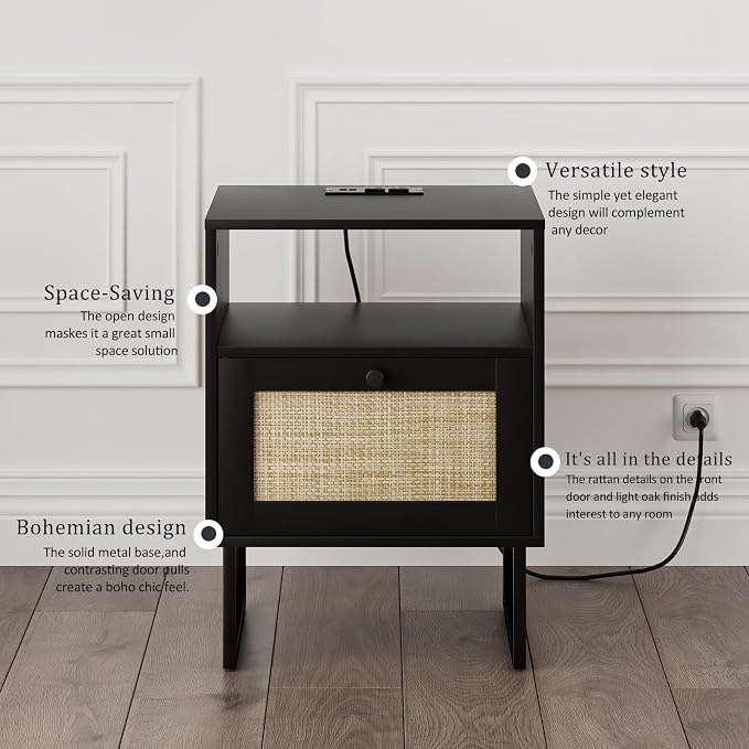 Masupu Extra Large Rattan Nightstand,Boho Night Stand Modern Farmhouse Wood Bedside Table with Storage Drawer and Open Shelf,Side End Table for Bedroom,Living Room,Black