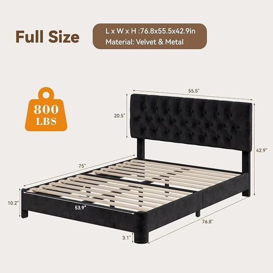 Full Size Bed Frame with Headboard, Luxury Velvet Fabric Upholstered Bed frame with Button Tufted Design, Strong Wooden Slats Support - Low & Sturdy, Noise-Free, No Box Spring, Easy Assembly, Black | Plush velvet