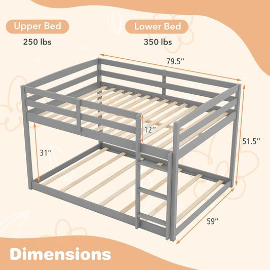 KOMFOTT Low Bunk Bed Full Over Full, Solid Wood Full Bed Frame with Built-in Ladder & Safety Guardrails, No Box Spring Needed, Space-Saving Low Bunk Bed for Kids & Teens