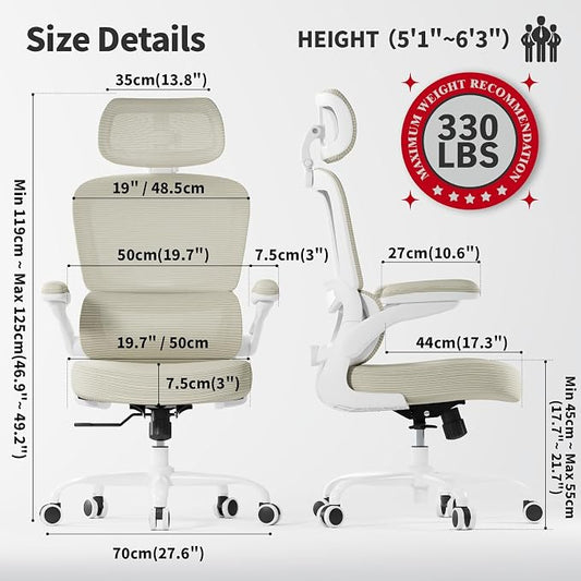 TRALT Ergonomic Office Chair - Desk Chair with Adjustable Headrest Lumbar Support Computer Chair - Mesh Comfy Chair with Flip-up Armrests - Gaming Chairs for Adults Home Office (Leather, Beige)