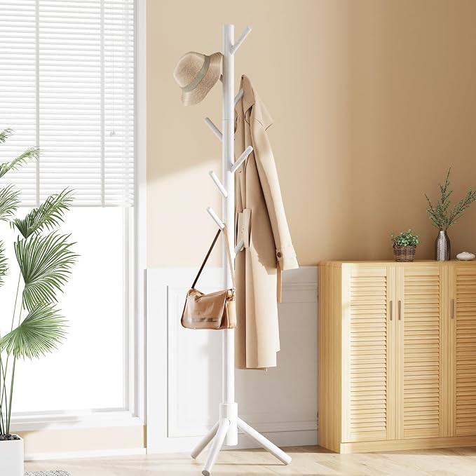 Pipishell Solid Wooden Coat Rack Freestanding, Hall Tree with 8 Hooks, 3 Height Options for Coats, Hats, Handbags, and Scarves, Tool-Free Assembly, Space Saving Design for Entryway, Office, Bedroom