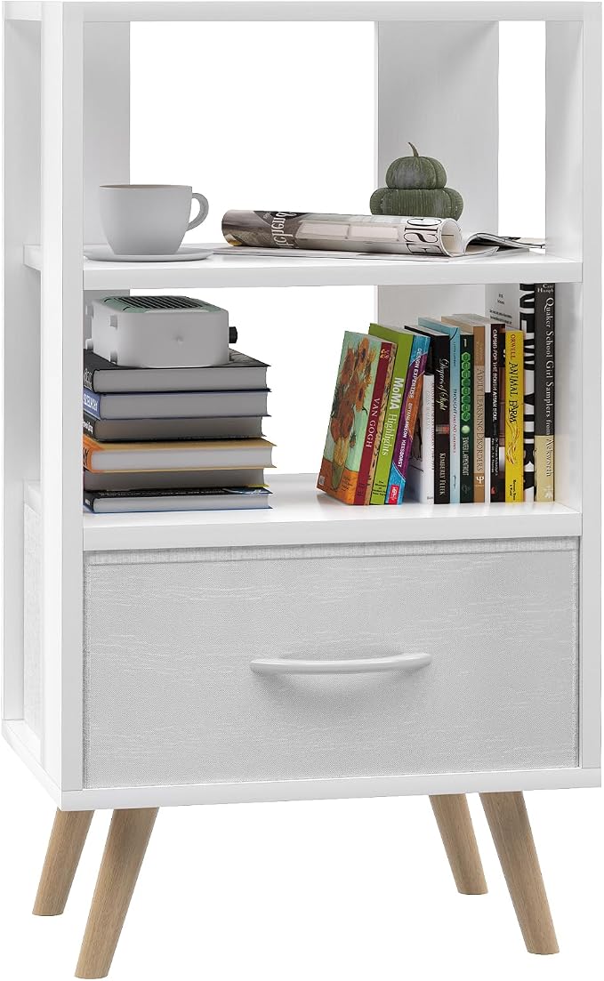 Aenuert Night Stand, White Nightstand with Drawer, Side Table with Open Storage, 3-Tier Modern End Table, Bedside Table for Small Space, Living Room, Bedroom