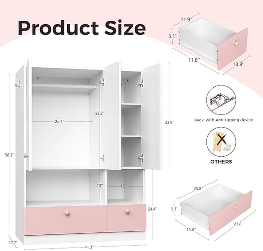 White Armoire Wardrobe Closet with Hanging Rod - Freestanding 3-Door Wooden Wardrobe Cabinet Closet for Bedroom & Dorm, Bedroom Armoires, Features Adjustable Shelves and Drawers for Toys & Clothes