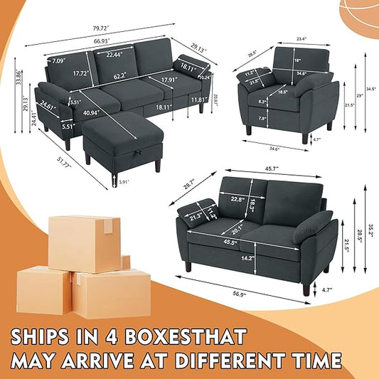 4 Piece Convertible Sectional Sofa Set, Modern Linen Small L Shaped Couch with Reversible Chaise, 3-Seater Sofa & Loveseat & Armchair for Living Room, Office, Apartment, Dark Grey