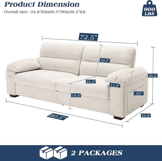 WorthFurni Sofas for Living Room, Chenille Pillow-Armrest Loveseat Couch Set, Small Sofa, 3 Seater Sofa, USB Charging, Removable Sofa Cover, Solid Wood Frame, Easy to Install (90.5 inch, Beige)