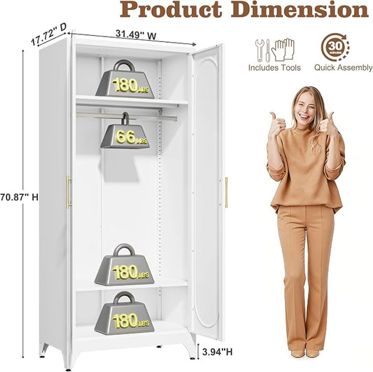 71" Arched Metal Wardrobe Closet with Full-Length Mirror, French Elegance Steel Armoire Clothes Storage Cabinet with Hanging Rod & Adjustable Shelves for Bedroom Home Office, 18" Deep White