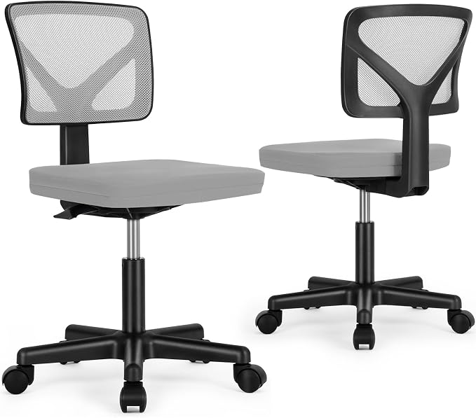 Sweetcrispy Small Desk Chair, Ergonomic Low-Back Mesh Rolling Work Swivel Chairs with Wheels, Armless Comfortable Seat Lumbar Support for Home, Bedroom, Study, Student, Adults, Grey