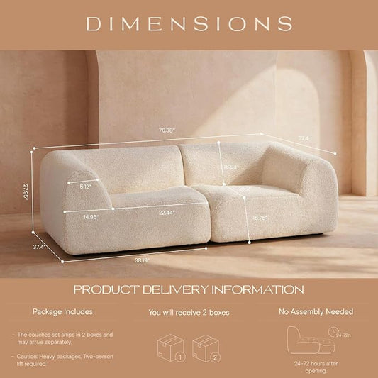 Curved Sectional Modular Couch with Chaise, Modern 76.38'' Boneless Sofa with Deep Seat, Sherpa Boucle Cloud Couch for Living Room, Cozy Teddy Loveseat Couches,No Assembly, White
