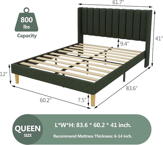 alazyhome Platform Bed Frame Queen Size with Upholstered Headboard, Solid Wood Slats Support, No Box Spring Needed, Noise Free, Easy Assembly, Modern Fabric Bed, Black