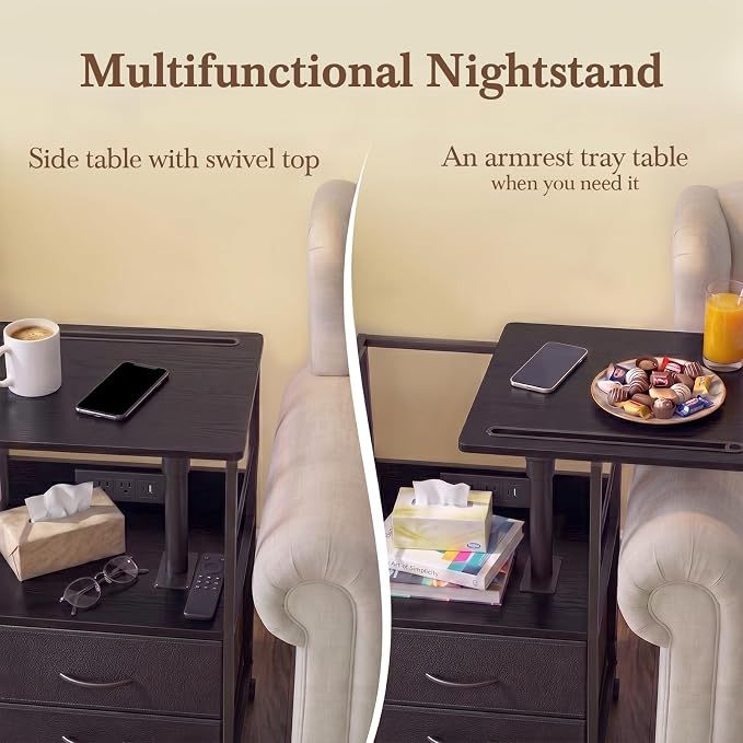 Faesun Swivel Lift Top Nightstand with Charging Station, Rolling Side Table for Recliner, Bedside Table with Wheels & 2 Fabric Drawers, for Small Spaces, for Bedroom, Living Room, Black