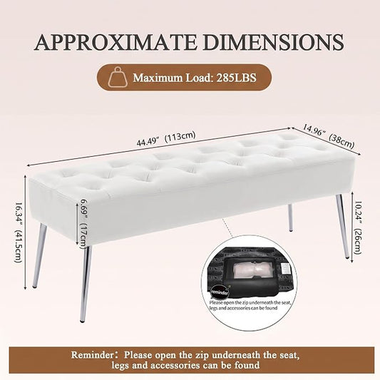 DUHOME Button-Tufted Ottoman Bench, Upholstered Footrest Stool Rectangular Dining Bench Leather Accent Bench for Entryway Dining Room Living Room Bedroom, White