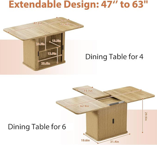 Extendable Dining Table for 4–6, 47″–63″ Rectangular Kitchen Table with Storage, Mid Century Modern Expandable Dinner Table for Dining Room,Kitchen