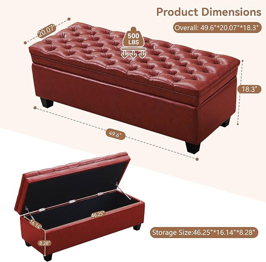 WUTUTUEE 50" Faux Leather Storage Ottoman Bench, End of Bed Upholstered Rectangle Storage Ottoman Tufted Living Room Bedroom Bench with Safety Hinge, Solid Wood Legs, Loads 500 lb(Red)