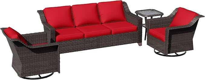 4 Pieces Patio Conversation Furniture Set - 1 Sofa, 2 Swivel Chairs, 1 Side Table, Outdoor Wicker Furniture with Removable Cushions for Porch, Balcony, Sunroom (Red)