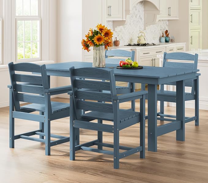 SERWALL Patio Table Set, Outdoor HDPE Dining Furniture with Umbrella Hole, All Weather for Lawn, Garden, Backyard, Poolside, Blue | with Umbrella Hole