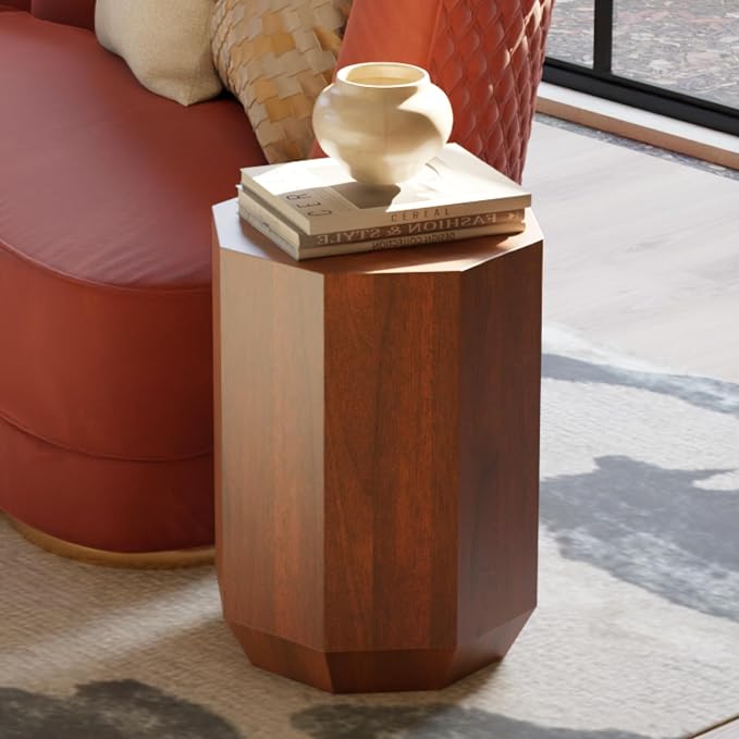 Relso Octavian Geometric End Table - Solid Mango Wood, Walnut Finish, Boho Design, Modern Farmhouse Style, Compact Coffee Table, Nightstand for Bedroom, Living Room, Reading Area (Octavian Brown)