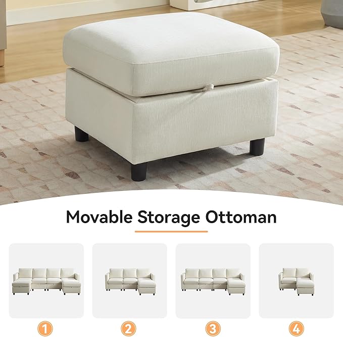 WUTUTUEE 58”Modular Sectional Loveseat Sofa with Storage, Comfy Office L Shaped Sofa Couch, Chenille Love Seat Modular Sectional Couch with Movable Ottoman for Living Room, Bedroom, Beige