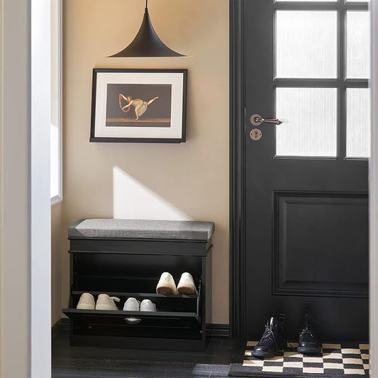 Haotian Black Hallway Shoe Bench, Narrow Shoe Rack Entryway, Small Shoe Cabinet with Flip-Drawer and Seat Cushion, FSR82-K-SCH