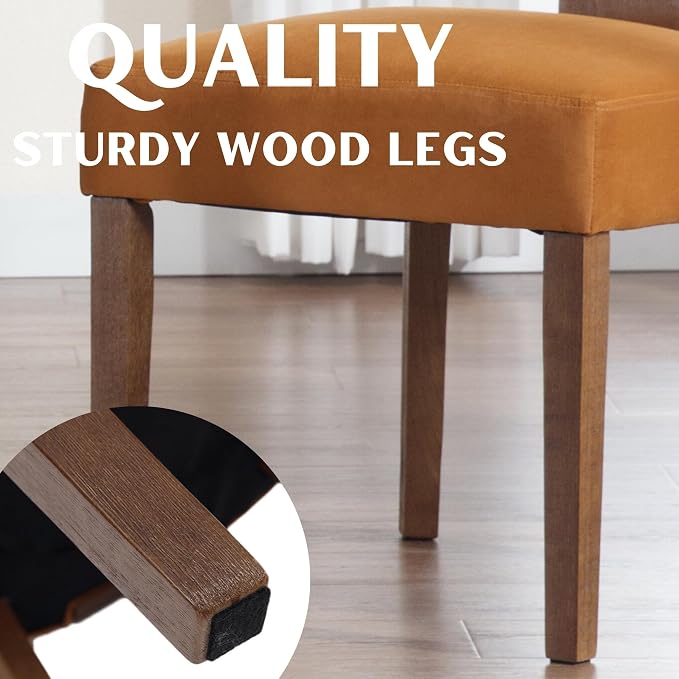 RIVOVA Set of 2 Modern Dining Chairs, Farmhouse Velvet Upholstered Dining Room Chairs Kitchen Chairs Side Armless Chairs with Curved Backrest Wood Legs, Yellow Brown