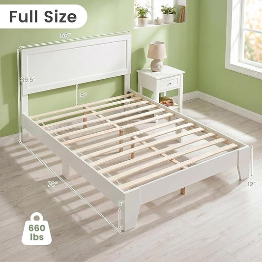 KOMFOTT Full Size Bed Frame, Modern Platform Bed with Headboard, Wooden Slat Support Mattress Foundation, Under-Bed Storage Space, No Box Spring Needed (White,Full)