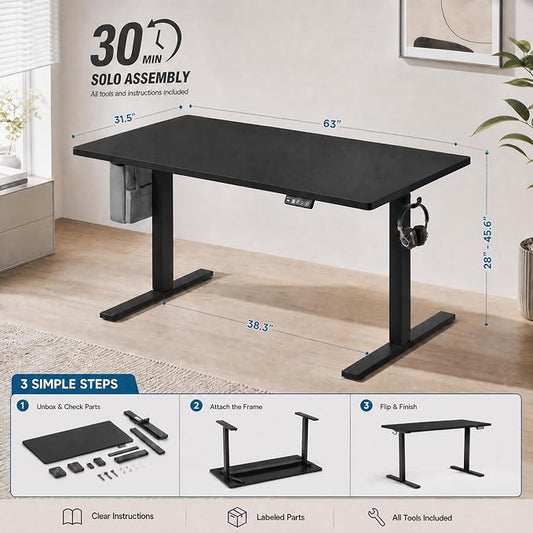 Grandder 63x32 Large Electric Standing Desk, Height Adjustable Computer Desk with 2 Memory Presets, 31.5" Deep Desktop Sit Stand Desk Home Office Desk Workstation Table with Hooks, Black