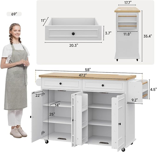 ONBRILL 58" Mobile Kitchen Island, Kitchen Island Cart with Power Outlet, Island Table for Kitchen, Home Bar Carts with Storage, Kitchen Rolling Island with Spice Rack & Towel Rack & Knife Holder
