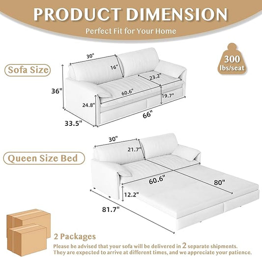 66" Sleeper Sofa Bed Queen Size, 3-in-1 Convertible Couch, Modern Pull Out Couches, Comfy Velvet Futon Sofa, Cloud Loveseat Lounge, Pillow Arm, for Small Spaces, Living Room, Apartment, Blue