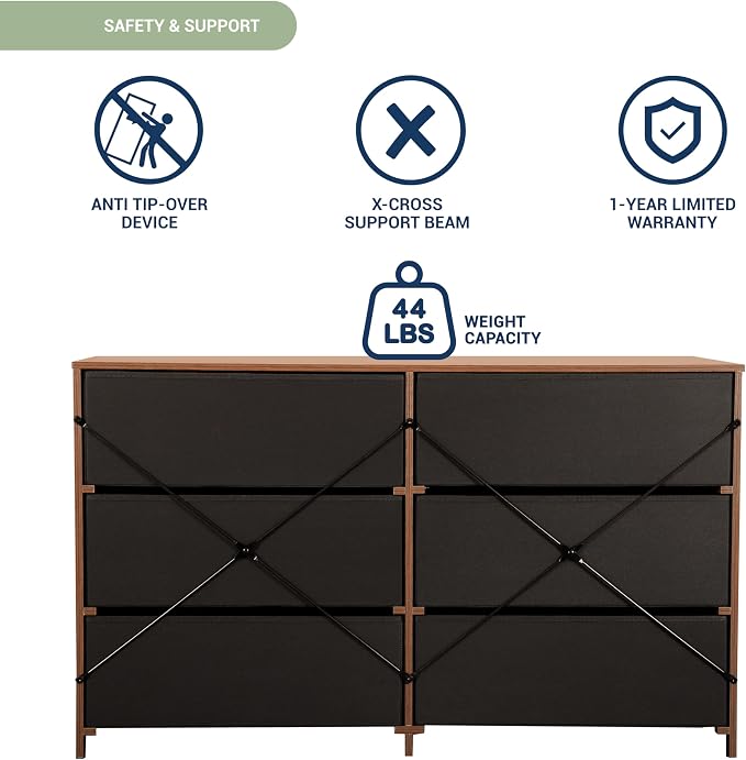 Modern 6-Drawer Dresser with Spacious Storage, Sturdy Wood Frame, Large Capacity Fabric Drawers, Dressers for Bedroom, Home Organization Storage for Living Room or Hallway, Walnut | 6-drawer dresser, fabric storage drawers, sturdy wood frame, bedroom o...