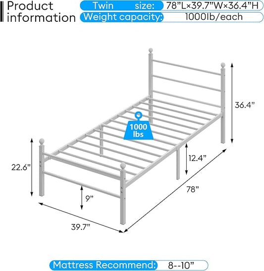 Twin Size Bed Frame with Headboard - Metal Platform Bed with LED Lights, Charging Station, Under Bed Storage and Heavy Duty Steel Slats Support - No Box Spring Needed, Easy Assembly, White