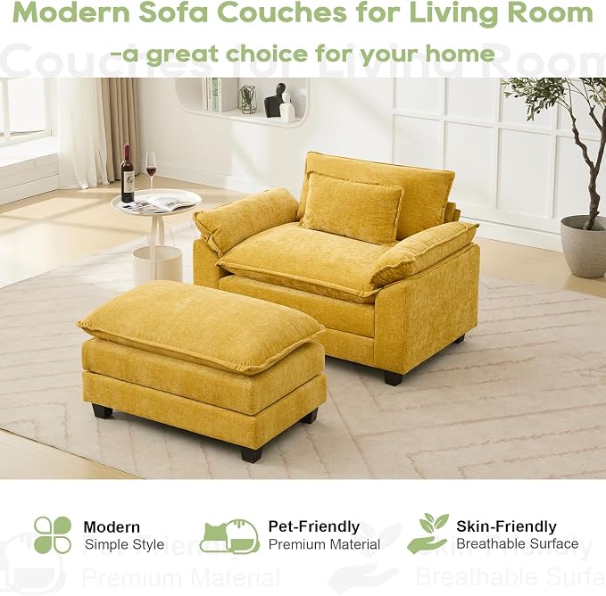 Oprisen 53" Modular Sectional Sofa, Comfy Cloud Couch Sectional Sofa with Ottoman, Chenille Sofa Sleeper Deep Seat Sofa with Throw Pillows for Living Room (Yellow)