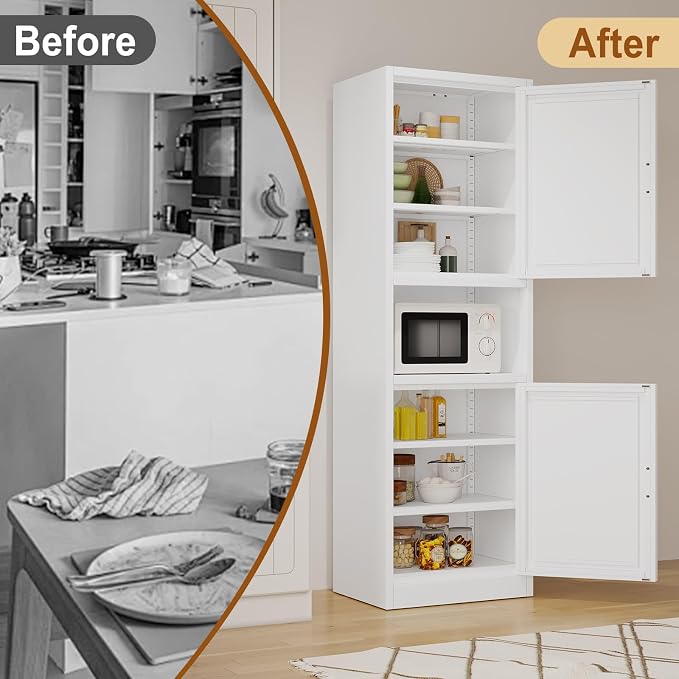 Tall Metal Narrow Bathroom Storage Cabinet 67" H, Tall White Pantry Cabinets with 4 Adjustable Shelves and 2 Doors for Kitchen, Home Office, Living Room, Dining Room(16 inches Wide)