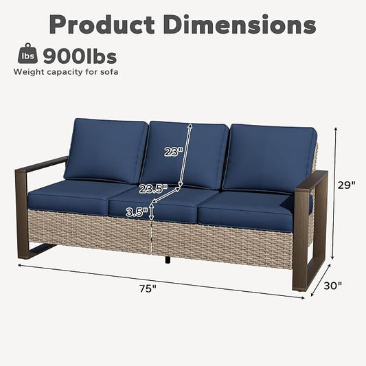 Joyside Outdoor Patio Wicker Sofa, 3-Seater Rattan Sofa with Thick Olefin Cushions and Metal Steel Rectangular Framed Armrest -Looking Metal Armrest Suitable for Garden, Backyard, Porch, Deck, Blue