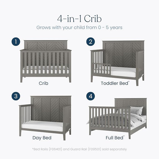 Child Craft Atwood 4-in-1 Convertible Baby Crib, Wooden Nursery Furniture Converts to Daybed, Toddler Bed and Full-Size Bed, 3 Mattress Height Adjustments, Non-Toxic Baby Safe Finish, Lunar Gray | 4-in-1 Crib