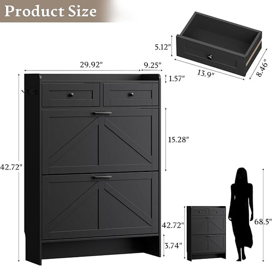 BORNOON Shoe Storage Cabinet for Entryway, Farmhouse Narrow Shoe Cabinet with 2 Flip Drawers & Top Drawers, Adjustable Shelves & Hooks, Freestanding Hidden Rack Organizer for Hallway, Foyer