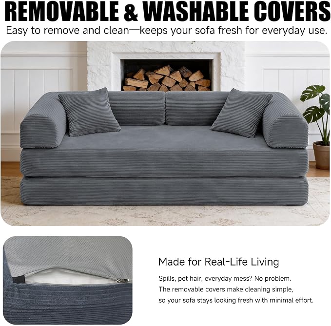 78.8" Memory Foam Boneless Couch, Corduroy Floor Sofa Bed, Convertible Sleeper Futon Loveseat, Wide Armrests & Back Support, Supports Up to 1200 lbs, Couch in a Box with 2 Pillows, Dark Grey