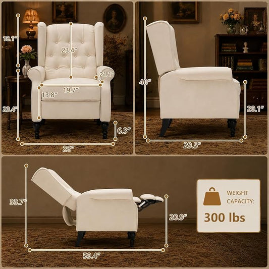 Mid Century Wingback Recliner Chair for Adults, Modern Linen Fabric Push Back Recliner Chairs with Button Tufted Upholstered Back & Footrest, Manual Recliner Chais for Living Room, Nursery, Beige