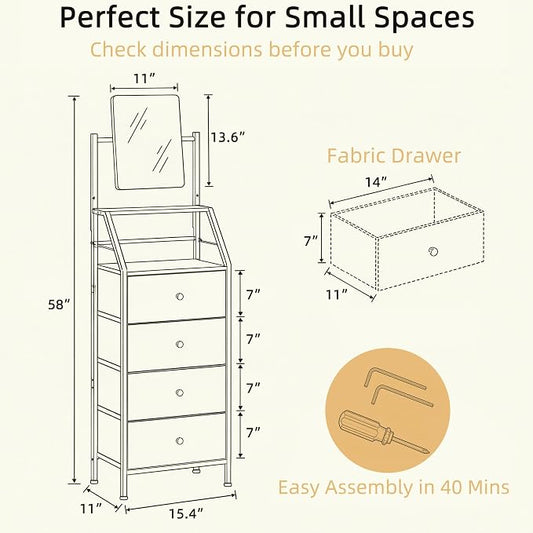 HIGDBFE 4-Drawer Dresser with Mirror, Vanity with 2-Tier Shelves, Fabric Chest of Drawers for Small Space, Vertical Storage Cabinet for Bedroom, Nightstand Bedside Table Furniture, White, 15.3" W