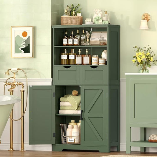 TEENFON Bathroom Cabinet with Adjustable Shelf & 2 Drawers, Farmhouse Storage Cabinet with 2 Doors, Kitchen Storage Cabinets for Living Room, Entryway, Home Office, Forest Green