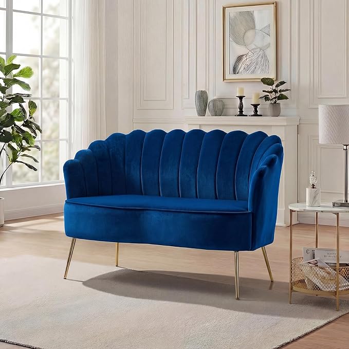 Velvet Upholstered Loveseat Sofa with Gold Metal Legs, Modern Comfy Small Love Seat with Flower Shaped Back, 2-Seater Sofa Accent Couch for Living Bedroom Leisure Areas