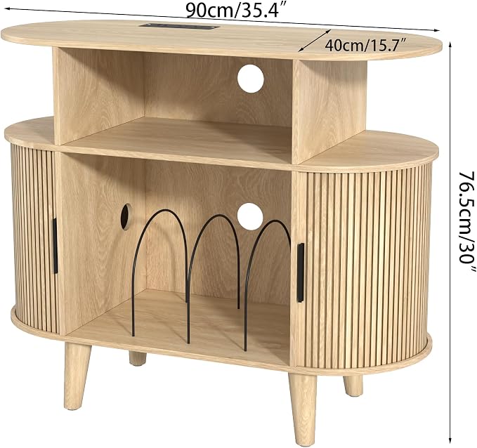 LUVIOHOME Large Round Record Player Stand with Charging Station & USB Ports,Record Storage Cabinet, Mid Century Modern Turntable Stand for Bedroom Living Room (Small Oak)