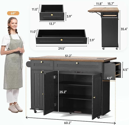 ONBRILL 60" Kitchen Island with Power Outlet & Drop Leaf, Rolling Island with Spice Rack & Towel Rack, Kitchen Island Cart with Trash Storage Cabinet, Island Table for Kitchen, Black+Rustic Brown