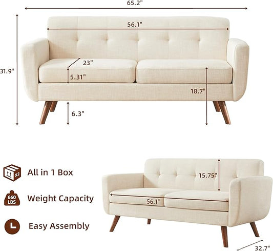 Tbfit 65" W Loveseat Sofa, Mid Century Modern Decor Love Seat Couches for Living Room, Button Tufted Upholstered Small Couch for Bedroom, Solid and Easy to Install Love Seats Furniture, Beige