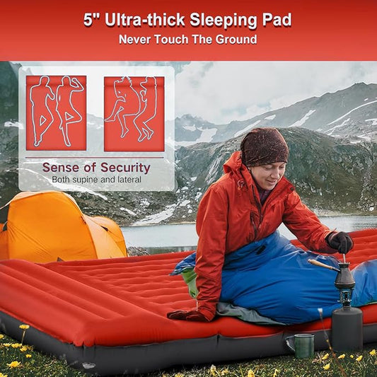 FNARMW Double Sleeping Pad Camping, Self Inflating 6'' Extra-Thick 2 Person Pillow Built-in Foot Pump Waterproof Inflatable Sleeping Mat Backpacking, Tent, Hiking, Portable Camping Pad (Orange-Black)