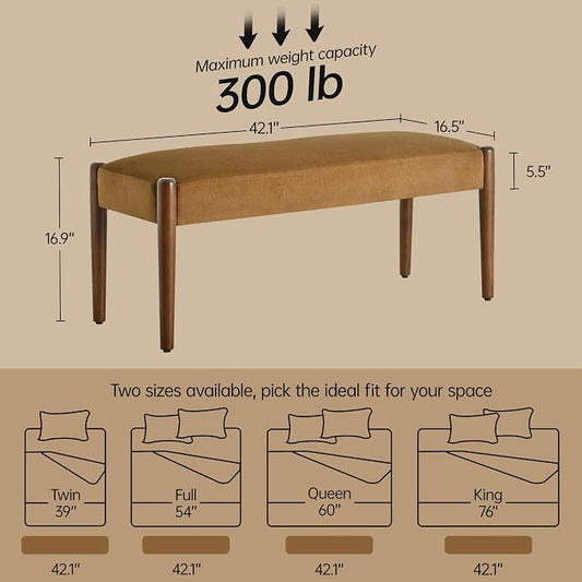 Usaint 42" End of Bed Bench, Modern Upholstered Bedroom Bench with Rubberwood Legs, Entryway Bench with Cushion, Dining Bench for Living Room, Bedroom, Caramel Orange with Walnut Leg